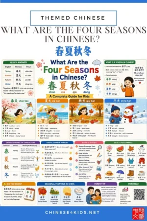 Learn the four seasons in Chinese — 春夏秋冬 (chūn xià qiū dōng). Season names, weather words, clothes, activities, character meanings etc.
