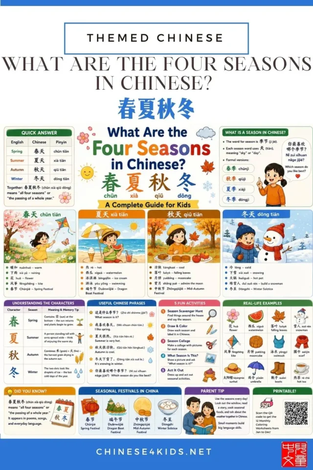 Learn the four seasons in Chinese — 春夏秋冬 (chūn xià qiū dōng). Season names, weather words, clothes, activities, character meanings etc.