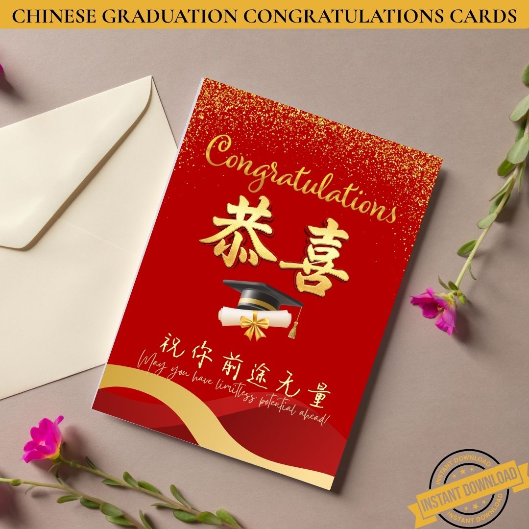 Eight printable bilingual graduation cards — one instant PDF download. Each design features a unique Chinese and English message, from 恭喜毕业 to 祝你前途无量. Print at home, fold, and give. Perfect for heritage families, Chinese school graduations, and Mandarin immersion classrooms.