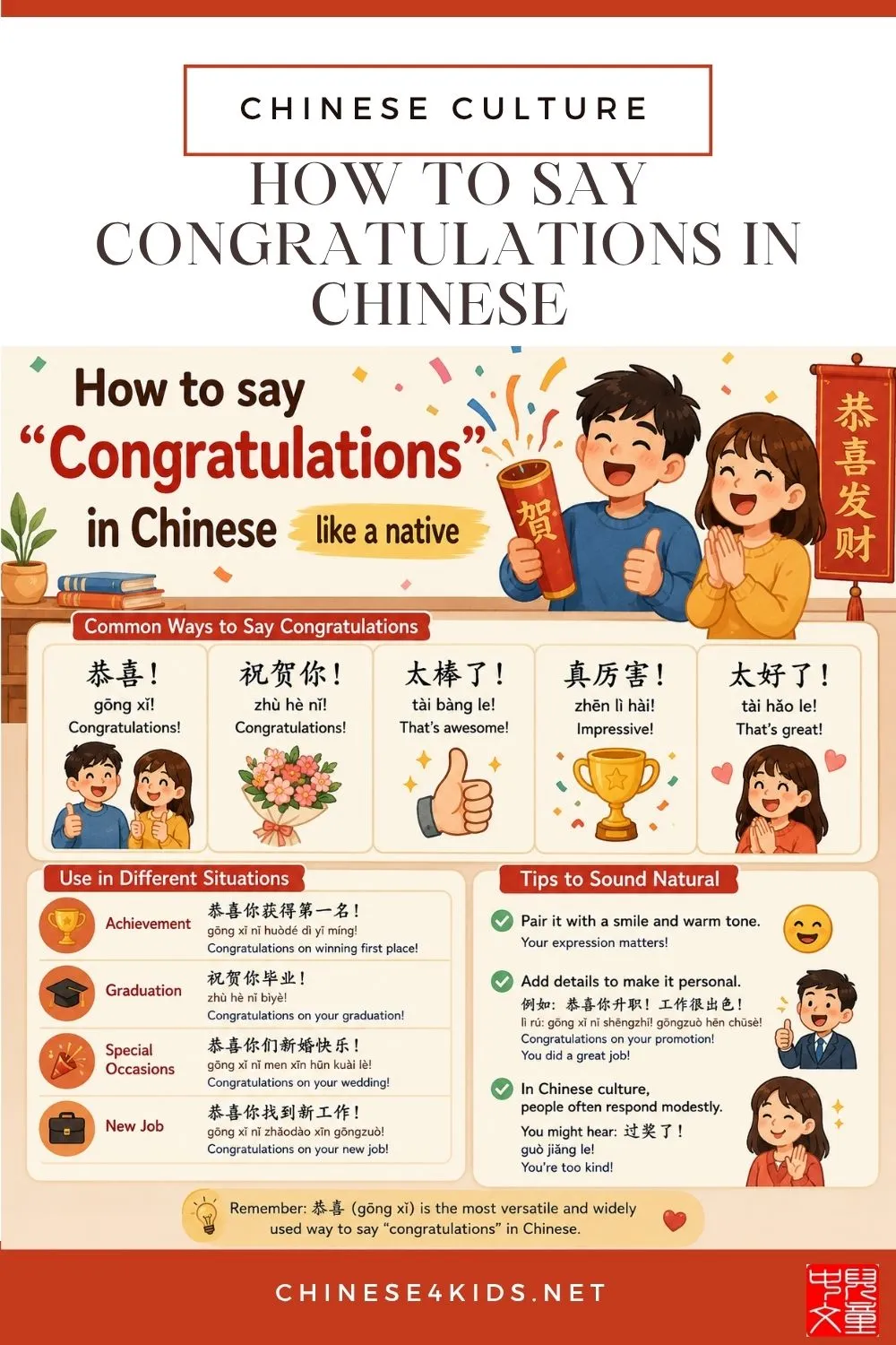 Learn all the ways to say congratulations in Chinese for every occasion &mdash; graduation, new baby, wedding, birthday, and more.