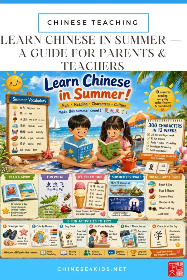 Learn Chinese in summer: vocabulary, summer poems, reading, activities ... and how to build Chinese characters for kids.