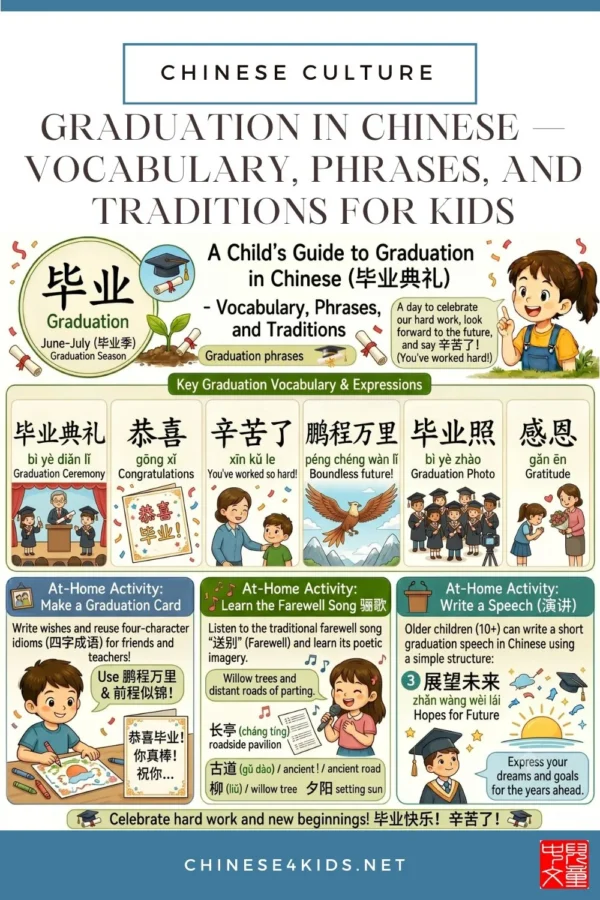 Learn graduation vocabulary in Chinese, congratulations phrases, traditional wishes, and how to celebrate 毕业 with kids.