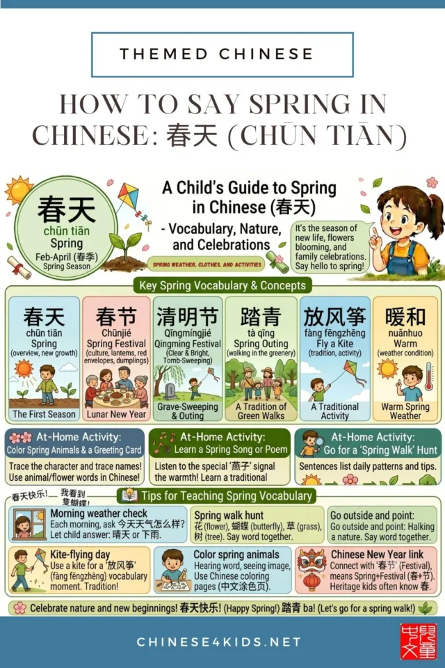 Learn how to say spring in Chinese — 春天 (chūn tiān). Discover spring vocabulary, weather words, activities, and Chinese New Year connections.