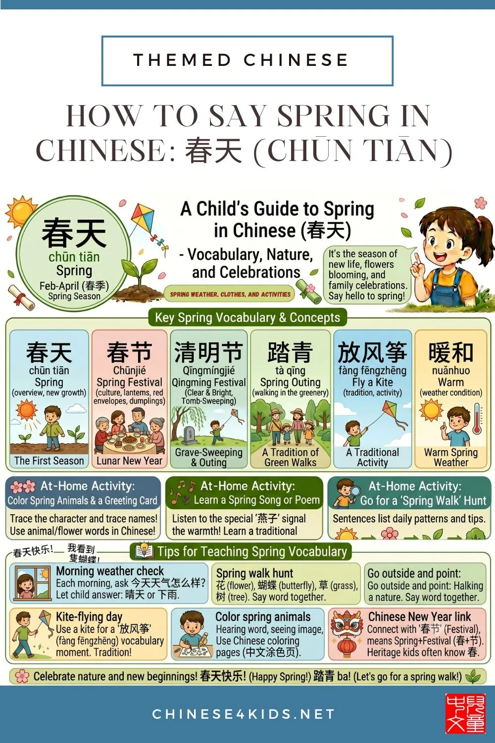 Learn how to say spring in Chinese — 春天 (chūn tiān). Discover spring vocabulary, weather words, activities, and Chinese New Year connections.