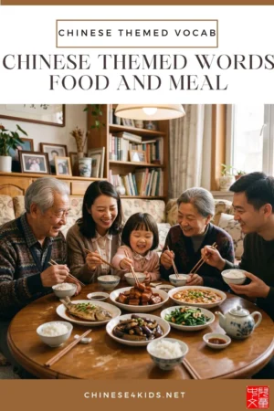 50 Mandarin Chinese food and meal words across 5 themes — food & drinks, fruit, vegetables, meals, tableware.
