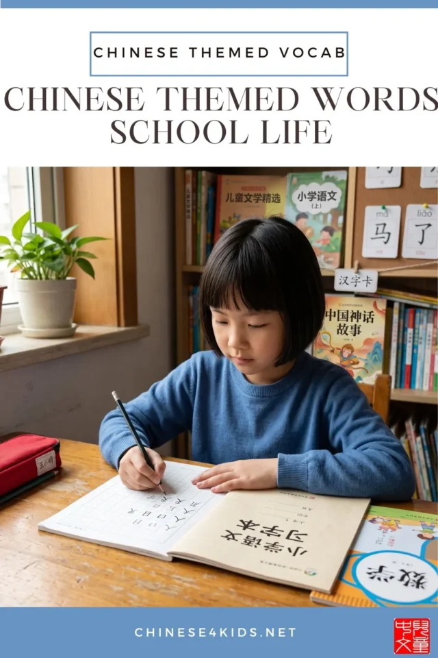child learning chinese school vocabulary — classroom objects and subjects in mandarin