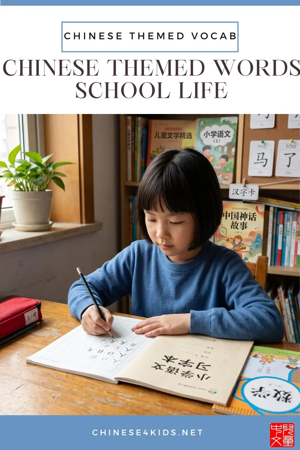 child learning chinese school vocabulary — classroom objects and subjects in mandarin