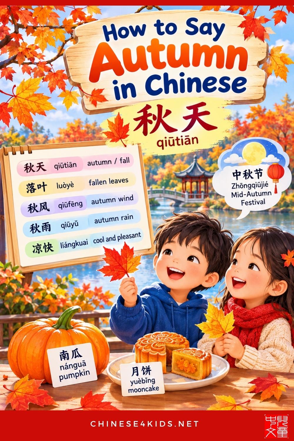 Learn how to say autumn in Chinese: 秋天 (qiūtiān). Get pinyin, easy sentences, a short story and Mid-Autumn Festival words for kids.