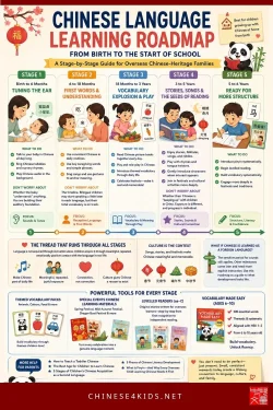 Raising a Chinese-speaking child abroad? This 0–6 roadmap shows exactly what to do at each stage, from tuning your baby's ear to tones to early reading readiness.