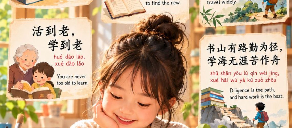 12 easy Chinese sayings about books and reading, with pinyin, English meanings, and simple ideas for kids and beginners to practise.