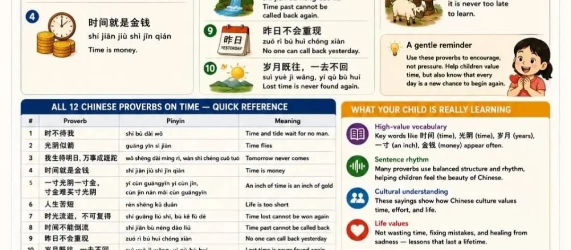 Discover 12 Chinese proverbs on time, each with characters, pinyin, and meaning — plus learning points and fun teaching activities for kids and classrooms.