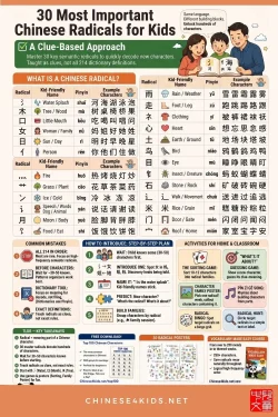 Learn Chinese characters with the 30 most important radicals, with common mistakes to avoid, and fun activities for kids.