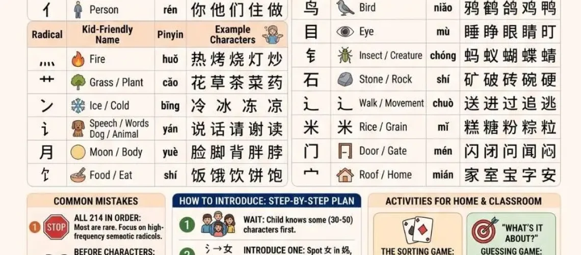 Learn Chinese characters with the 30 most important radicals, with common mistakes to avoid, and fun activities for kids.