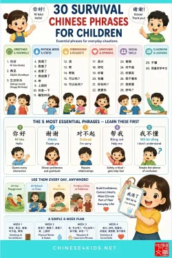 30 essential survival Chinese phrases for children — organised by function, with pinyin, examples, and tips for parents and teachers.