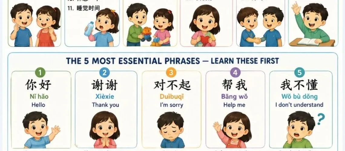 30 essential survival Chinese phrases for children — organised by function, with pinyin, examples, and tips for parents and teachers.