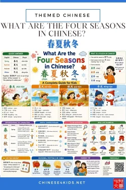 Learn the four seasons in Chinese — 春夏秋冬 (chūn xià qiū dōng). Season names, weather words, clothes, activities, character meanings etc.
