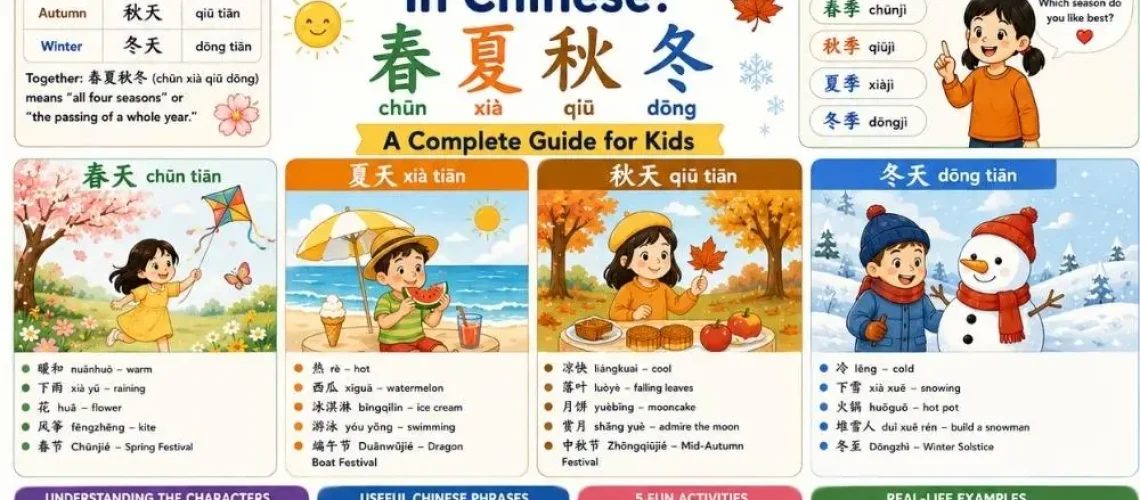 Learn the four seasons in Chinese — 春夏秋冬 (chūn xià qiū dōng). Season names, weather words, clothes, activities, character meanings etc.
