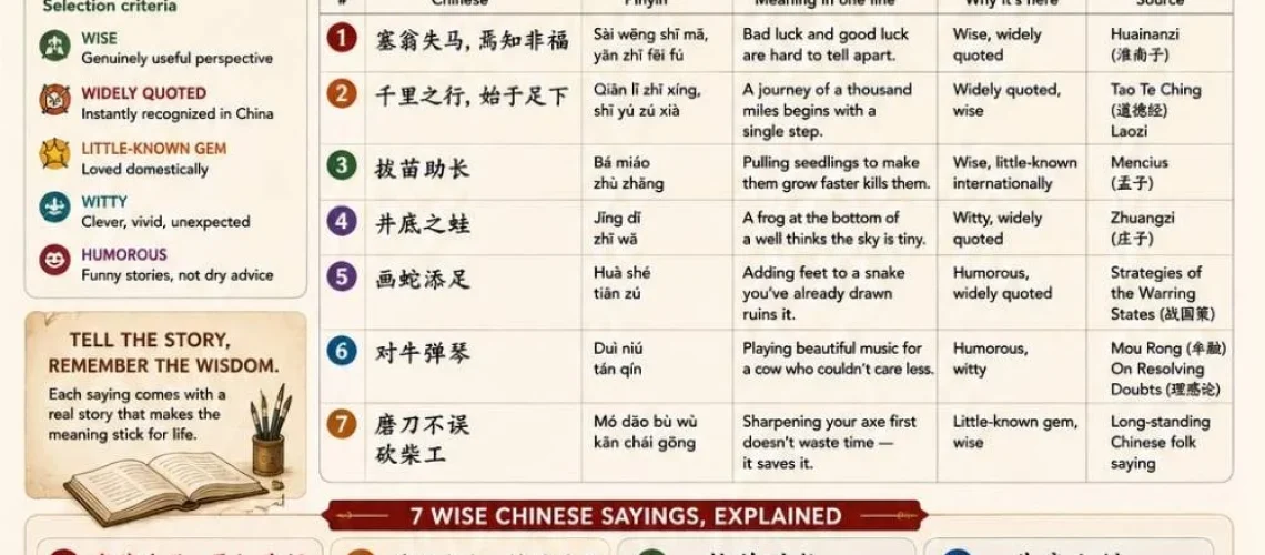 7 genuine Chinese sayings and idioms, verified against real classical sources, each with the story behind it and a practical way to use it. #Chinesesayings #Chinesewisdom #Chinesequotes #wiseChinesesayings