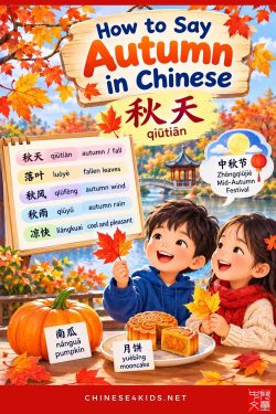 Learn how to say autumn in Chinese: 秋天 (qiūtiān). Get pinyin, easy sentences, a short story and Mid-Autumn Festival words for kids.