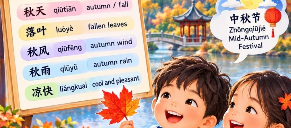 Learn how to say autumn in Chinese: 秋天 (qiūtiān). Get pinyin, easy sentences, a short story and Mid-Autumn Festival words for kids.