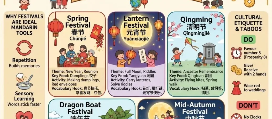Spring Festival, Dragon Boat, Mid-Autumn and more — a complete guide to Chinese festivals for kids with vocabulary, fun facts, and activities.