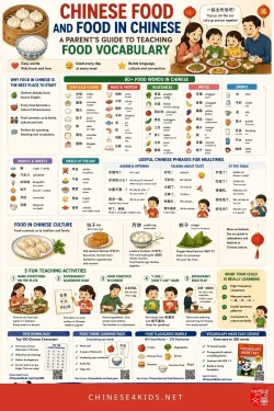 Learn food in Chinese with our complete guide: 80+ food words with pinyin, mealtime phrases, fun teaching activities.
