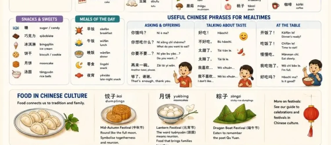 Learn food in Chinese with our complete guide: 80+ food words with pinyin, mealtime phrases, fun teaching activities.