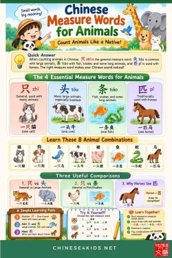 Master Chinese measure words for animals: 只, 头, 条, 匹. Learn the size and shape logic, see visual examples, practice with questions.