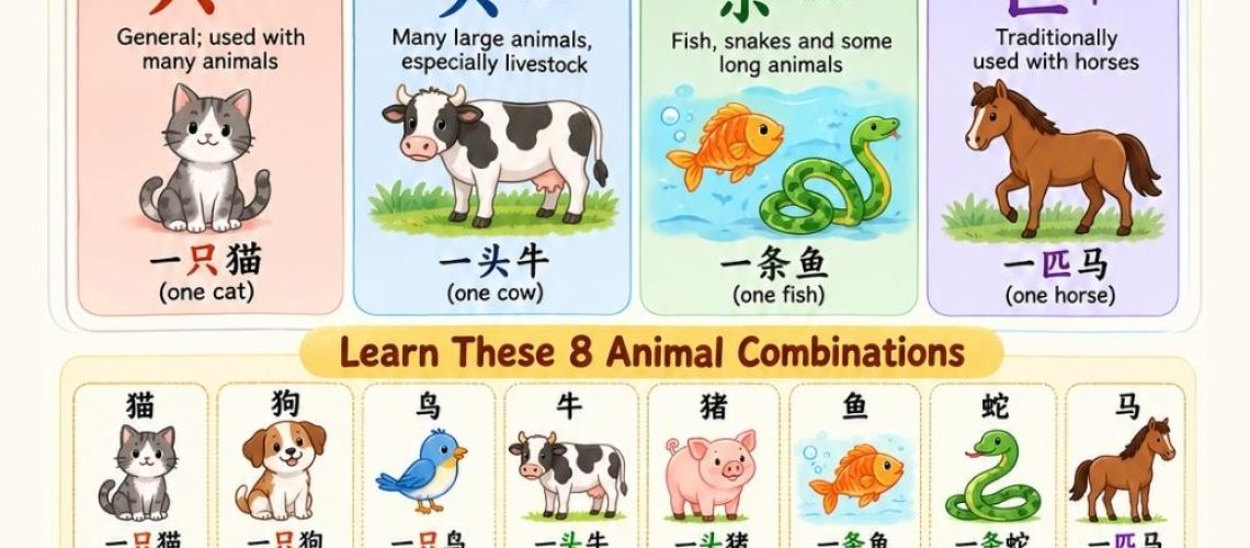 Master Chinese measure words for animals: 只, 头, 条, 匹. Learn the size and shape logic, see visual examples, practice with questions.