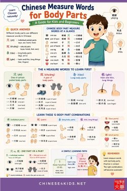 Master Chinese measure words for body parts: 只 for individual parts, 双 for pairs, 条 for long body parts. Learn with interactive questions.