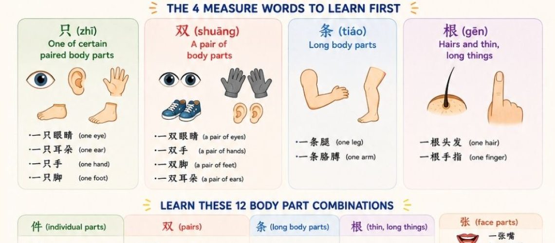 Master Chinese measure words for body parts: 只 for individual parts, 双 for pairs, 条 for long body parts. Learn with interactive questions.