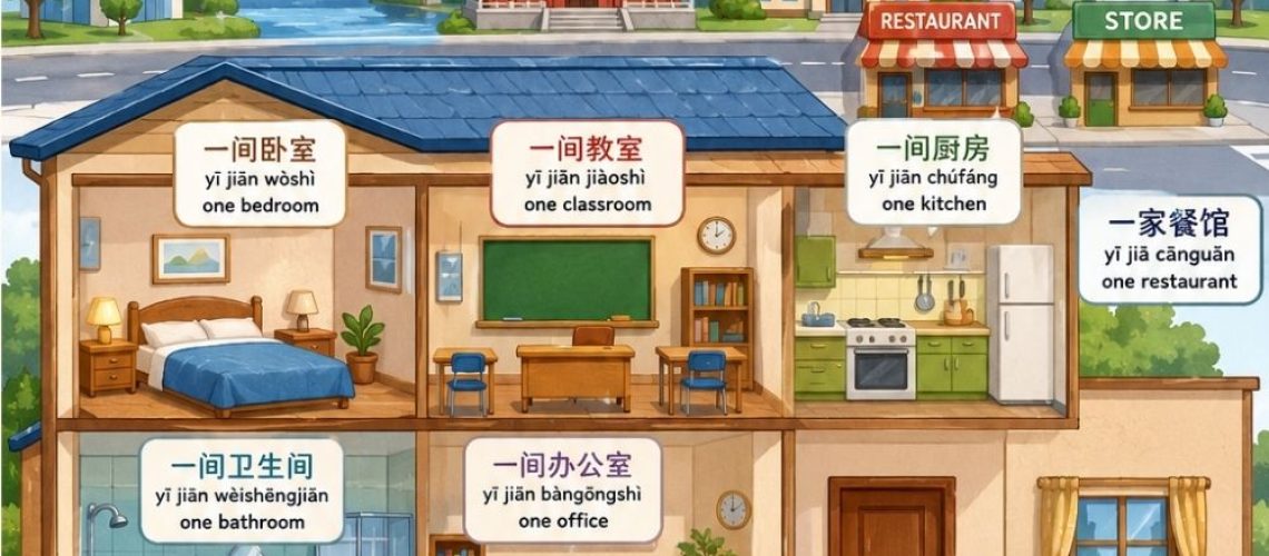 Learn Chinese measure words for buildings, rooms, and places (座, 间, 所, 家, 扇), with activities and practice for kids.