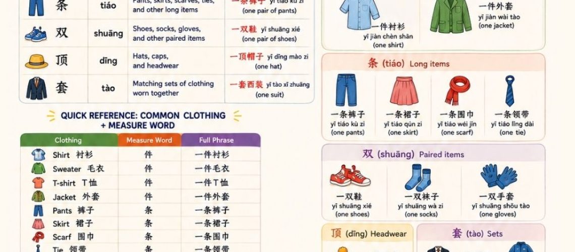 Master Chinese measure words for clothes: 件, 条, 双, 套, 顶. Learn the patterns, and follow a simple learning path for kids and beginners.