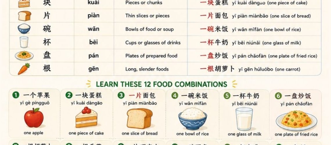 Master Chinese measure words for food: 个, 块, 片, 碗, 杯, 盘, 根. Practice with interactive questions, and follow a simple learning path for kids.