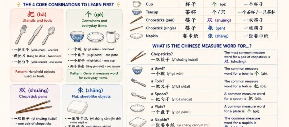 Learn Chinese measure words for tableware (把, 个, 双, 张) with activities and practice. Perfect guide for kids, beginners, learning Chinese.