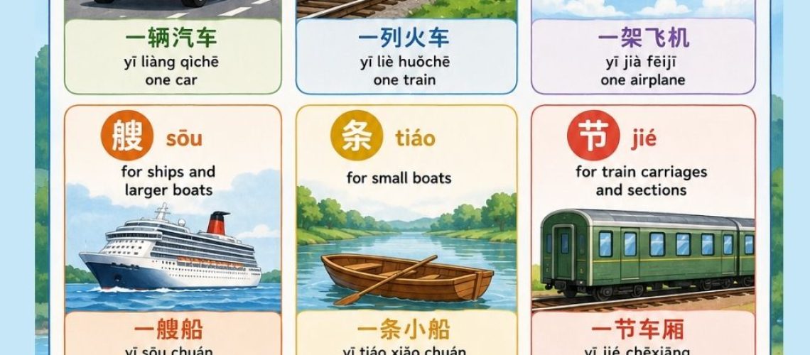 Learn Chinese measure words for transportation (辆, 列, 架, 艘, 班, 趟) with activities and practice, for kids and Chinese beginning learners.