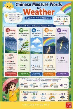 Learn Chinese measure words for weather: 场, 阵, 朵, 道, 声, with activities, questions, and a simple learning path for kids and beginners.