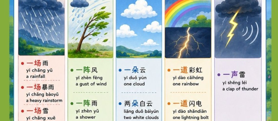Learn Chinese measure words for weather: 场, 阵, 朵, 道, 声, with activities, questions, and a simple learning path for kids and beginners.