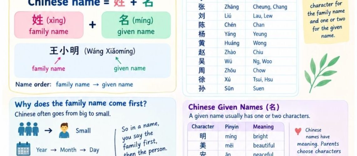 Learn why the family name comes first, common Chinese surnames, how to say “What's your name?” and how to choose a Chinese name.