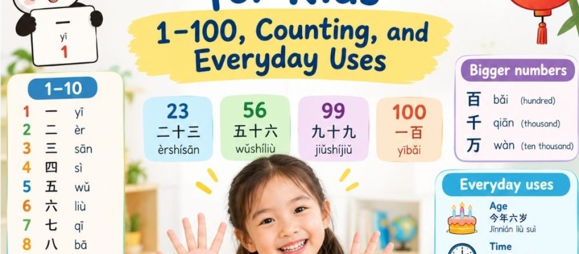 Learn Chinese numbers 1–100 with simple patterns, examples, and everyday uses. A beginner-friendly guide for kids, parents, and teachers.
