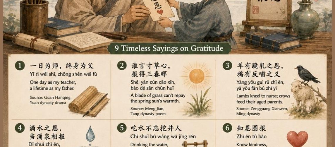 9 genuine Chinese proverbs on gratitude, with pinyin, meaning, real sources, and the stories of Han Xin and 结草衔环.