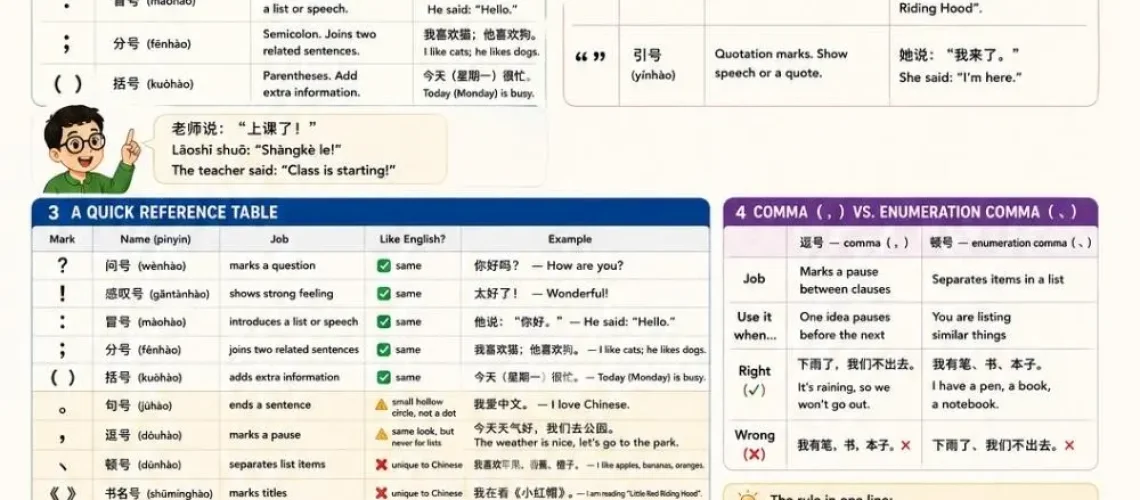 Chinese punctuation marks chart with pinyin for kids learning Mandarin