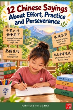 Explore 12 Chinese sayings about effort, practice, patience and perseverance. Learn their meanings, pinyin, with activities for kids.