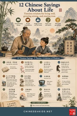 12 Chinese sayings about life, explained in plain English with pinyin, meaning, and where each one really comes from.