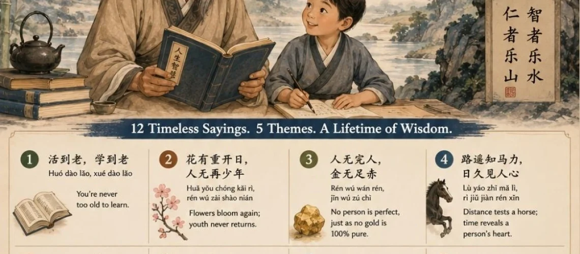 12 Chinese sayings about life, explained in plain English with pinyin, meaning, and where each one really comes from.