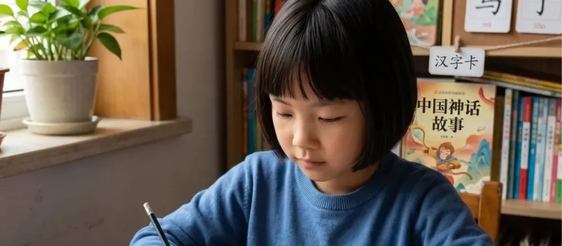 child learning chinese school vocabulary — classroom objects and subjects in mandarin