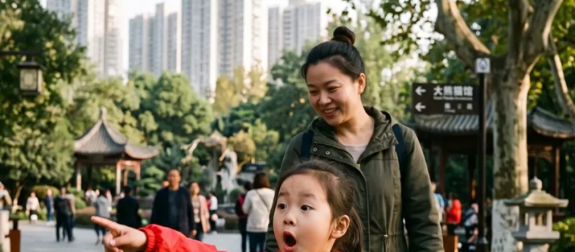 child and parent exploring the world outside — mandarin vocabulary for animals transportation and places