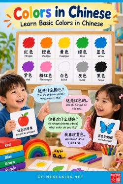 Children learning basic colors in Chinese with color cards and Basic Chinese colors with characters, pinyin, example phrases, and activities.