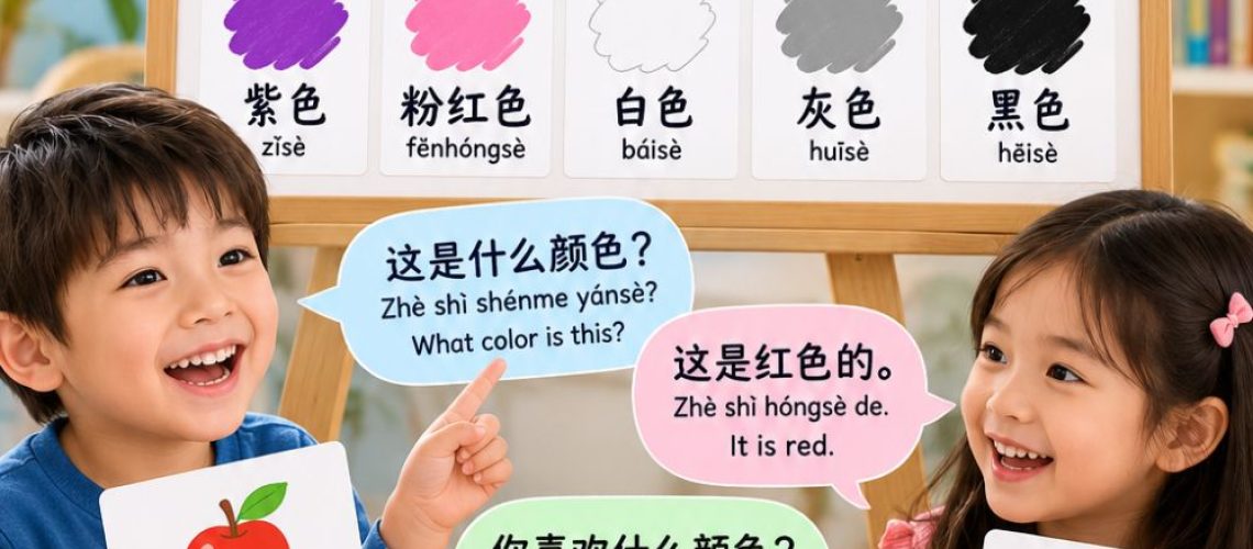 Children learning basic colors in Chinese with color cards and Basic Chinese colors with characters, pinyin, example phrases, and activities.