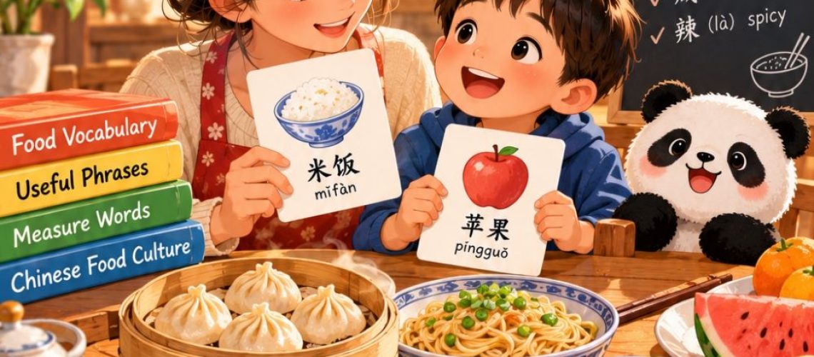 Learn 50+ food words in Chinese with phrases, Chinese food culture, and learning activities. Complete guide for kids and parent.
